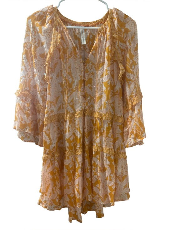 Anthropologie Tops - Anthropologie Mia Boho Mustard Floral Ruffle Tiered Flowy Tunic Top Size XS
